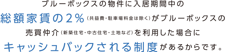 ブルーボックスの物件に入居期間中の総額家賃の2％が、ブルーボックスの売買仲介を利用した場合にキャッシュバックされる制度があるからです。