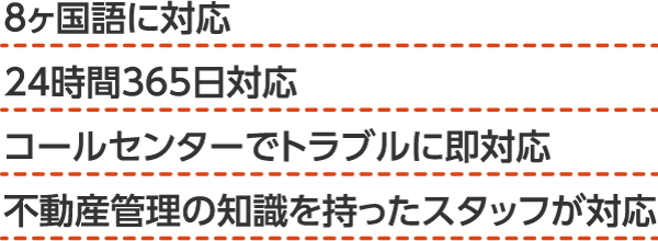 8ヶ国語に対応　24時間365日対応　コールセンターでトラブルに即対応　不動産管理の知識を持ったスタッフが対応